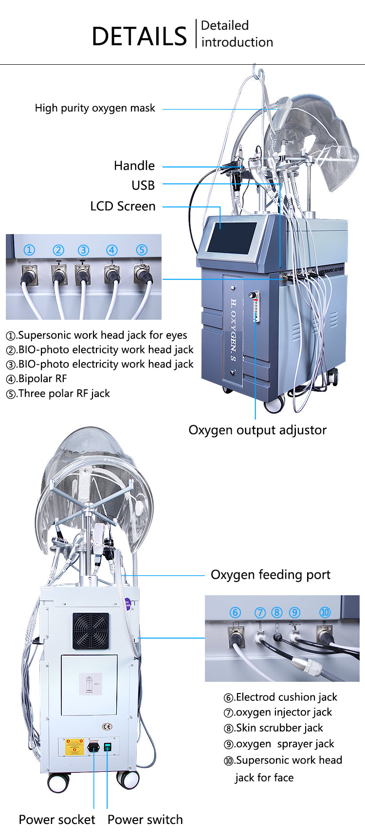 10 in 1 Hydra Oxygen Deep Clean Oxygen Jet Ultrasound RF Skin Oxygen Facial Machine Diamond Dermabrasion Hydro Facial Machine