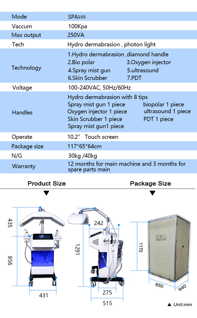 Multifunction Led Light 8 In 1 Hydra Dermabrasion Oxygen Jet Skin Rejuvenation Machine